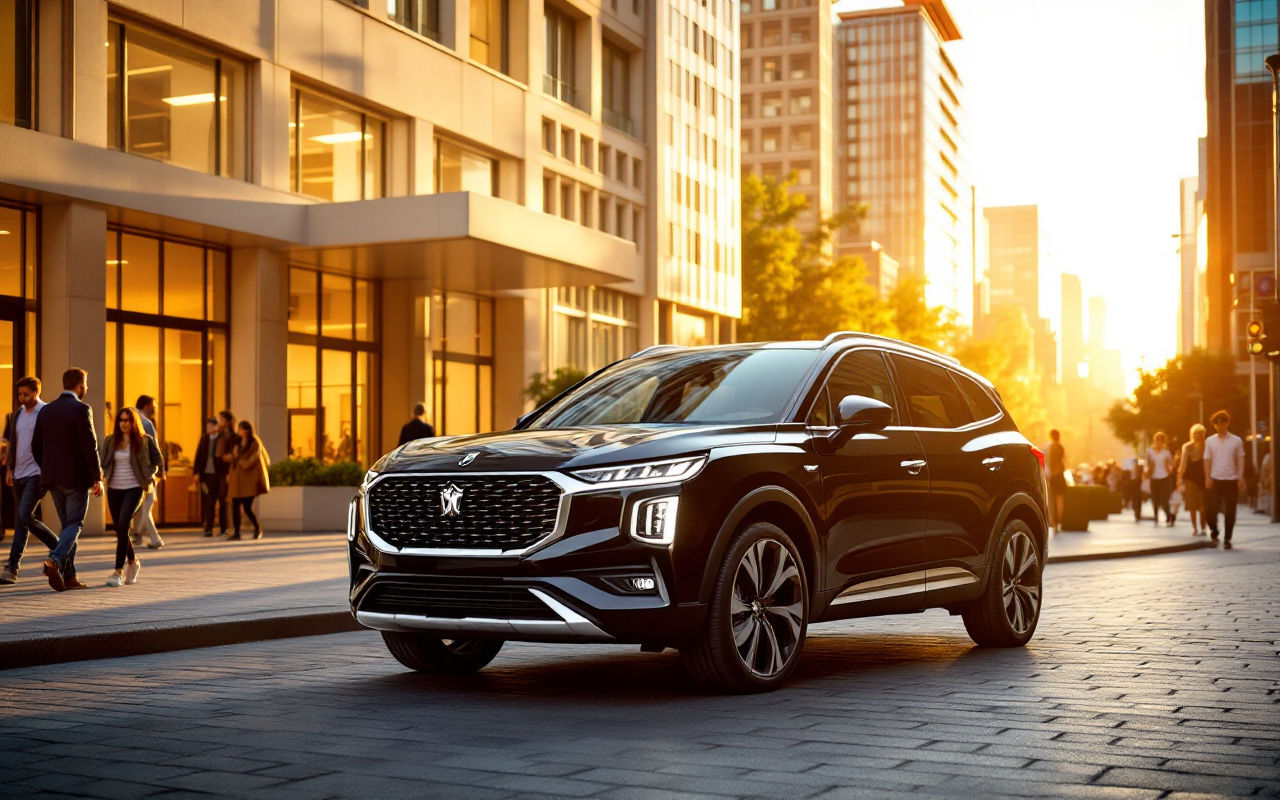 Une voiture Crossland noire stationnée dans un environnement urbain animé, entourée d'architecture moderne et de passants, baignée dans une lumière dorée au coucher du soleil.