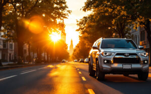 Un SUV urbain garé sur une rue, entouré d'arbres et de bâtiments dans un environnement urbain, éclairé par une lumière naturelle au coucher du soleil.