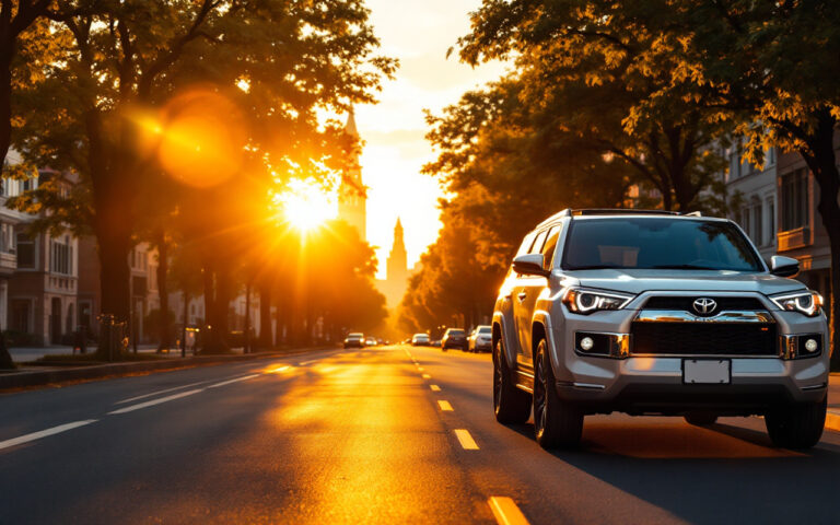 Un SUV urbain garé sur une rue, entouré d'arbres et de bâtiments dans un environnement urbain, éclairé par une lumière naturelle au coucher du soleil.