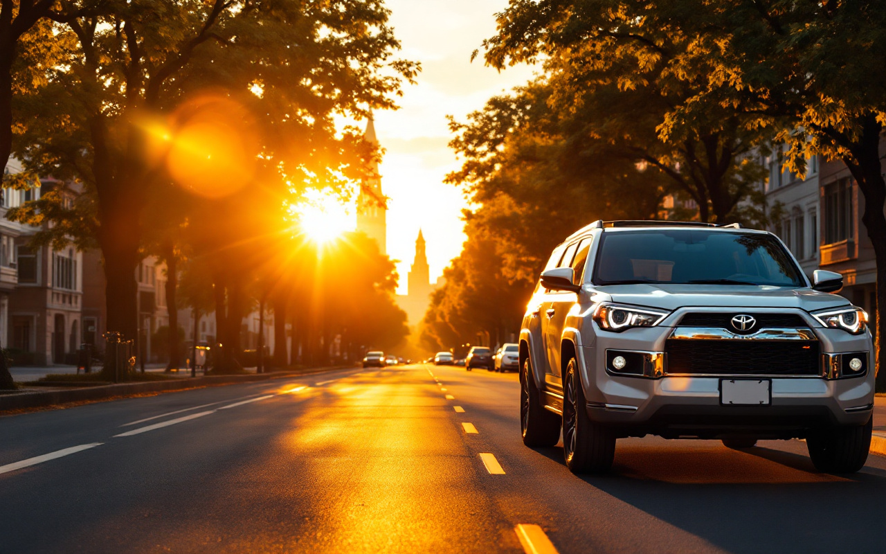 Un SUV urbain garé sur une rue, entouré d'arbres et de bâtiments dans un environnement urbain, éclairé par une lumière naturelle au coucher du soleil.