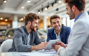 Un couple négocie le prix d'une voiture avec un vendeur dans un showroom moderne, assis à une table tandis que le vendeur montre une tablette, une berline argentée brillante en arrière-plan, éclairage volumétrique lumineux et ambiance naturelle.