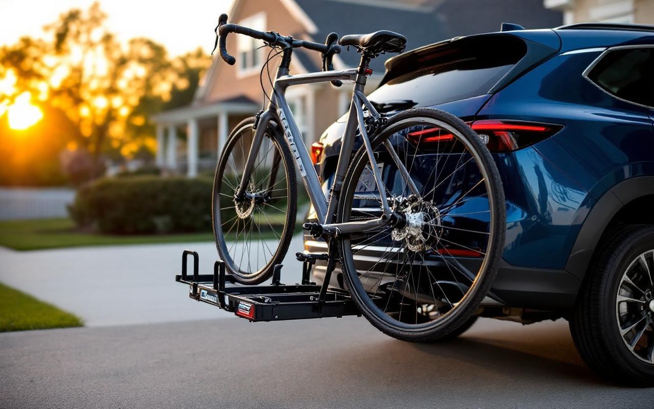 Porte-vélos d'attelage incliné pour accéder au coffre d'une voiture bleue garée dans une allée, deux vélos fixés, lumière douce de coucher de soleil et ambiance réaliste