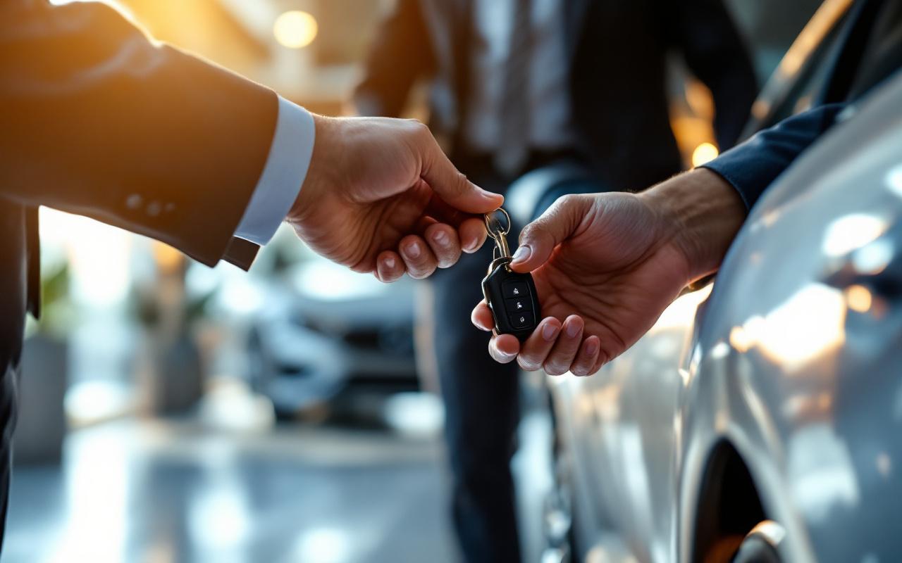 Mains échangeant un porte-clés à côté d'une berline neuve sur le sol poli d'une concession, lumière volumétrique chaude avec reflets bleutés, vendeur et client flous en arrière-plan.