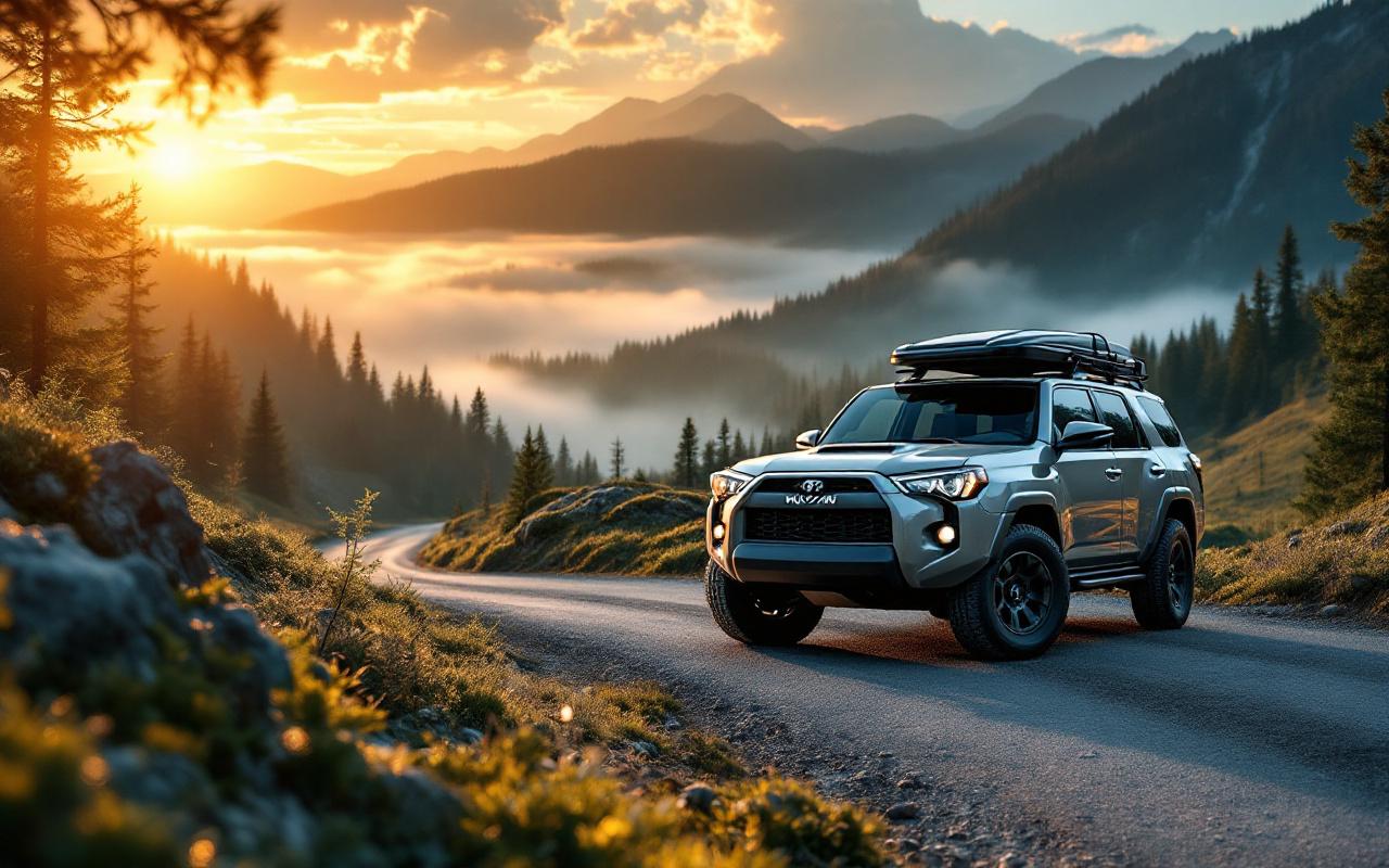 SUV garé sur une route de montagne avec coffre de toit et porte-vélos, entouré de pins et de sommets alpins, baigné d'une lumière dorée de coucher de soleil et d'un léger brouillard