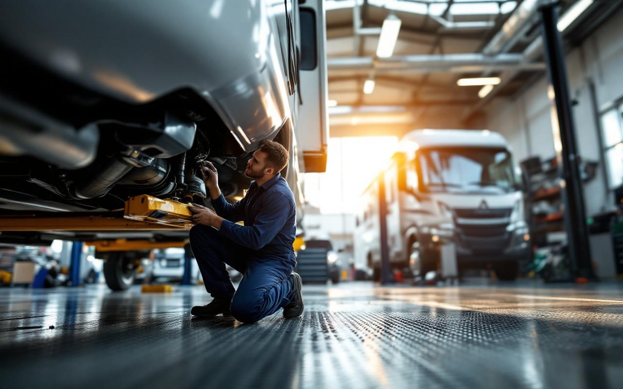 Un mécanicien en combinaison bleue inspecte le sous-bassement d'un camping-car posé sur un pont élévateur dans la concession. Atelier propre, caisse à outils à proximité, lumière naturelle douce et ambiance réaliste.