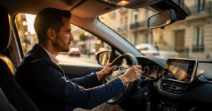 Conducteur concentré au volant d'une voiture en circulation urbaine