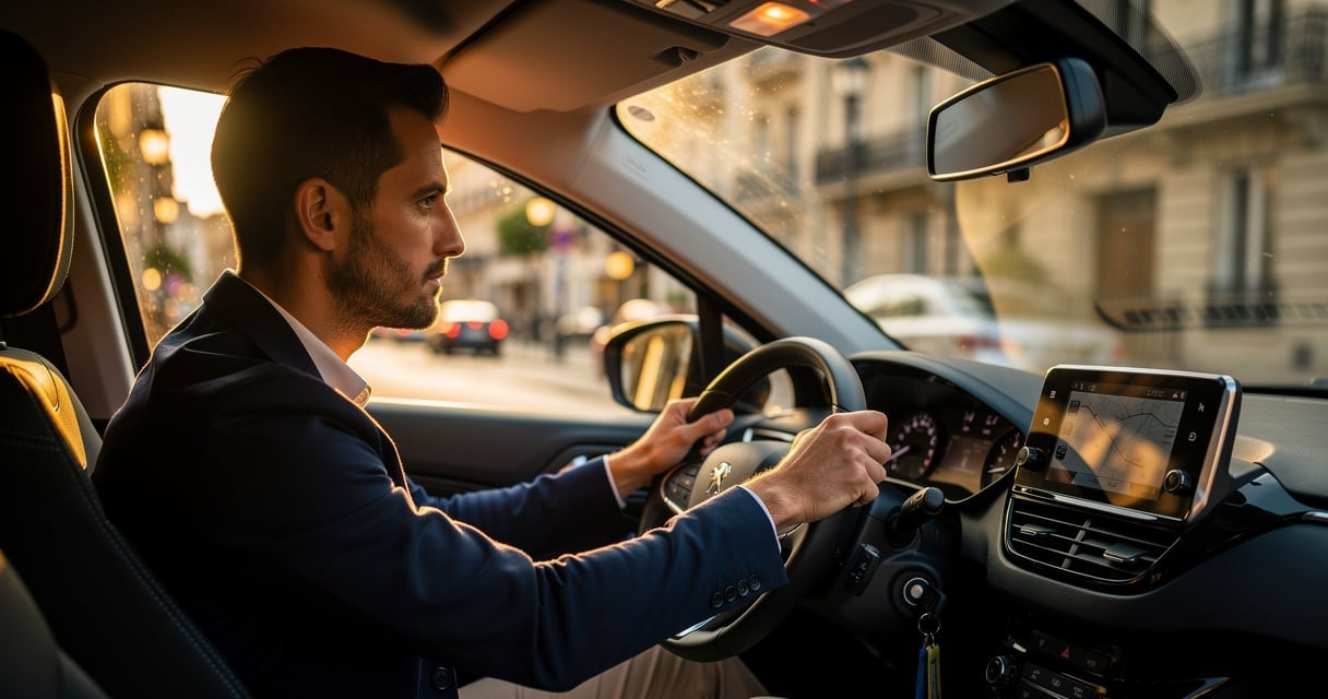 Conducteur concentré au volant d'une voiture en circulation urbaine