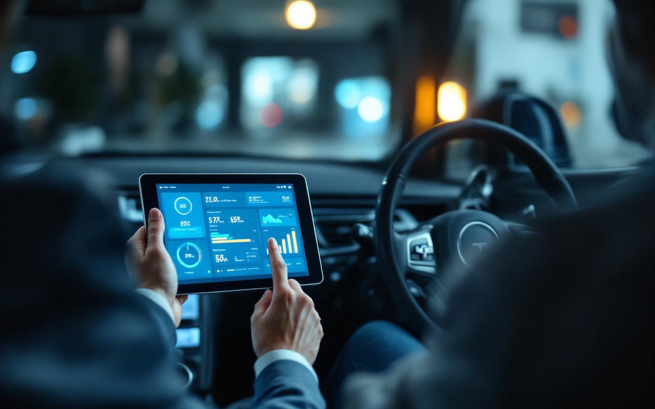 Conducteur de véhicule de société consultant une interface télématique affichant un retour personnalisé sur sa conduite dans un environnement d’entreprise.