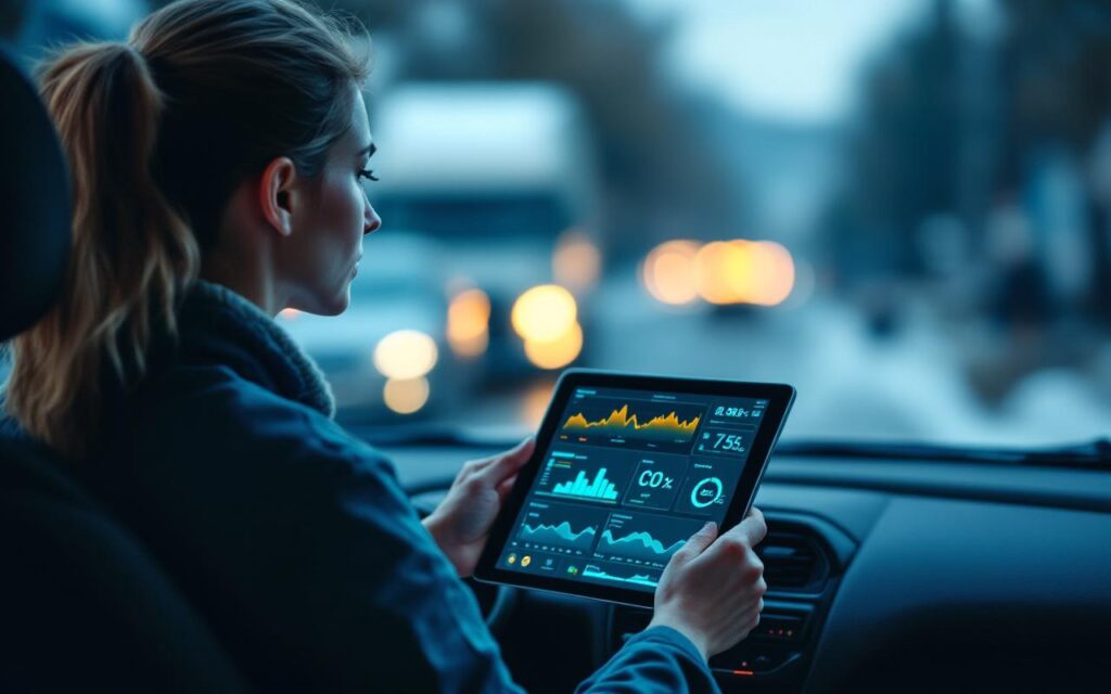 Une femme responsable de flotte analyse des indicateurs d’écoconduite sur un tableau de bord avec des graphiques, tandis que des véhicules d’entreprise sont visibles en arrière-plan, au jour naturel.