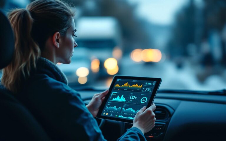 Une femme responsable de flotte analyse des indicateurs d’écoconduite sur un tableau de bord avec des graphiques, tandis que des véhicules d’entreprise sont visibles en arrière-plan, au jour naturel.