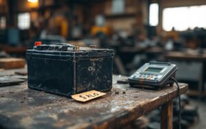 Batterie de scooter usagée posée sur un comptoir de recyclage dans un atelier de ferrailleur, avec une balance et une étiquette de prix au kilo.