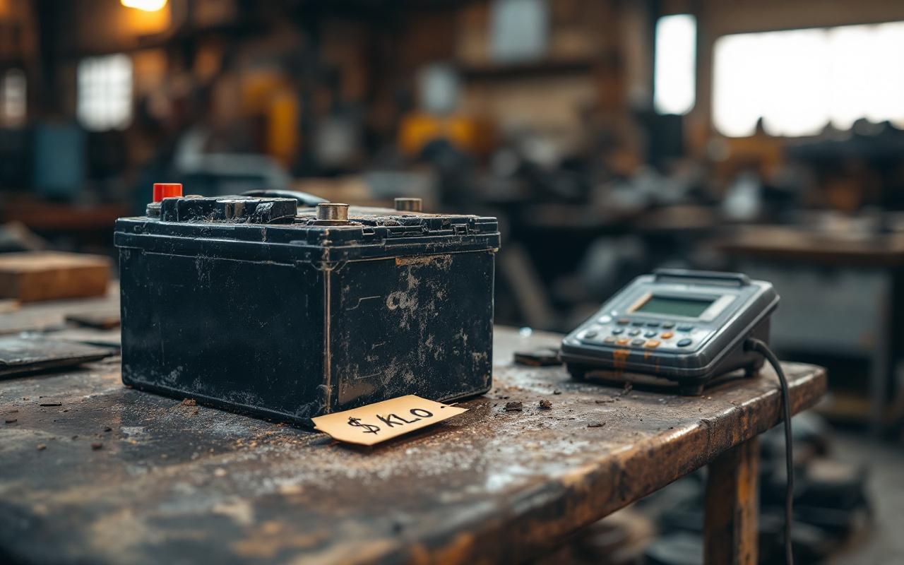 Batterie de scooter usagée posée sur un comptoir de recyclage dans un atelier de ferrailleur, avec une balance et une étiquette de prix au kilo.