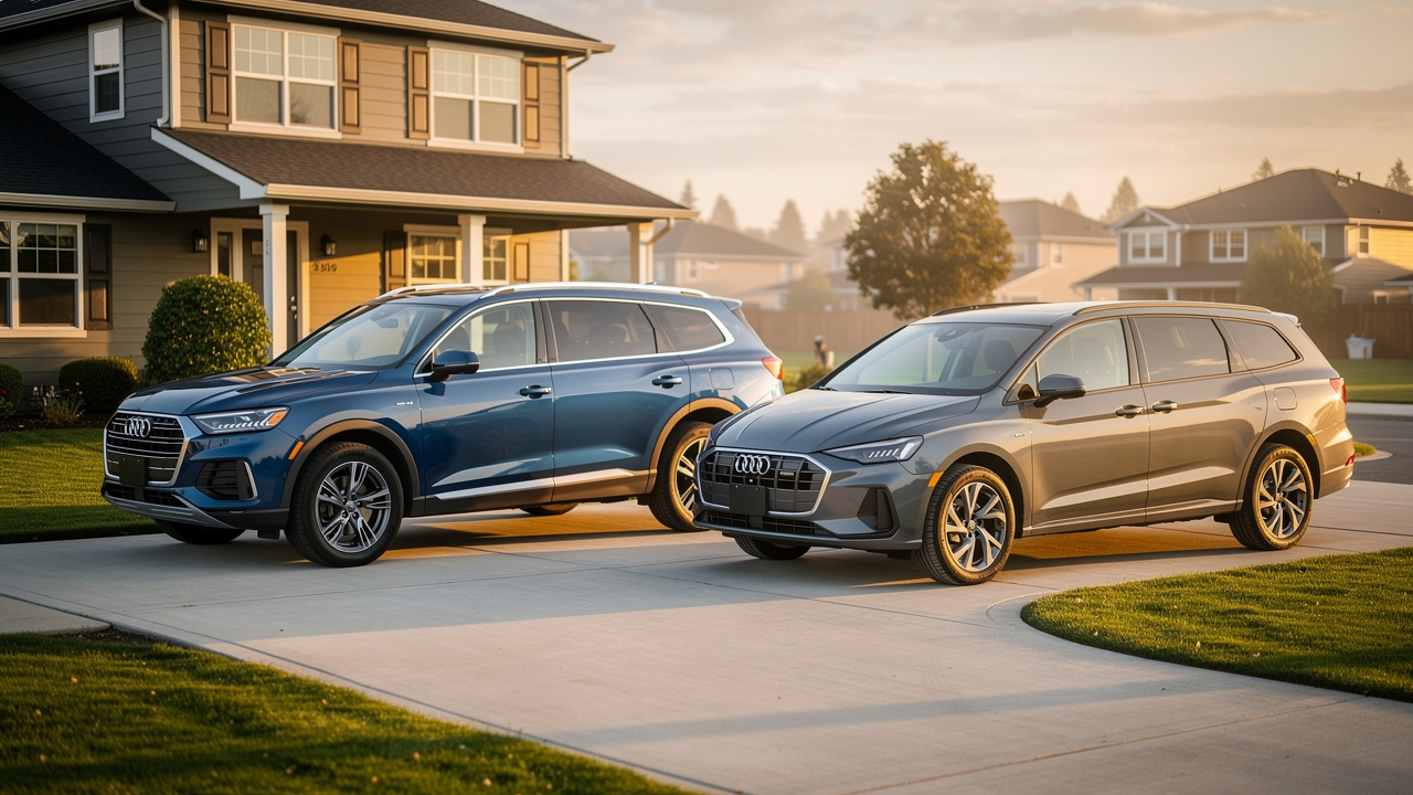 Comparaison visuelle de deux véhicules, un SUV sept places et un monospace, garés côte à côte devant une maison.