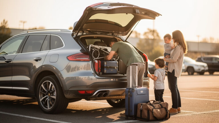 Une famille charge des bagages et une poussette dans le coffre ouvert d’un SUV familial moderne sur un parking, à la lumière naturelle.