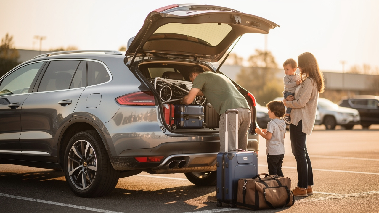 Une famille charge des bagages et une poussette dans le coffre ouvert d’un SUV familial moderne sur un parking, à la lumière naturelle.
