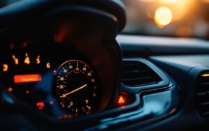 Gros plan réaliste du tableau de bord d’une Citroën C3 essence avec le voyant moteur allumé, dans une ambiance de garage chaleureuse.