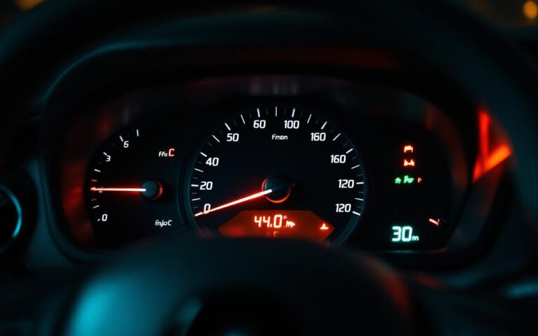 Tableau de bord réaliste d’une Renault Clio 4, avec le voyant d’injection allumé et un éclairage doux de diagnostic automobile.