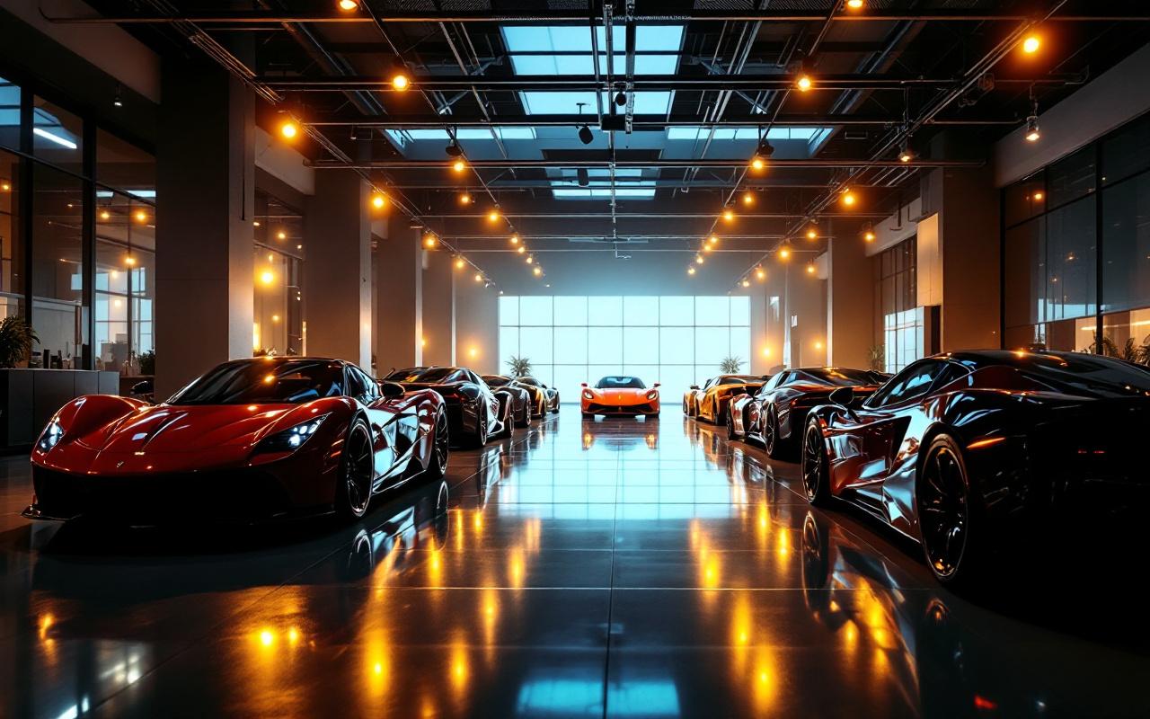Vue intérieure d’un garage automobile de luxe avec plusieurs supercars alignées, ambiance premium et éclairage soigné.