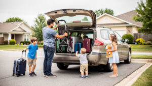 Une famille de cinq personnes charge une poussette pliée et des valises dans le coffre ouvert d’un break d’occasion, sous une lumière naturelle.