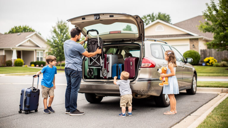 Une famille de cinq personnes charge une poussette pliée et des valises dans le coffre ouvert d’un break d’occasion, sous une lumière naturelle.