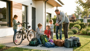 Une femme, un homme et leurs trois enfants préparent un départ avec des vélos, des casques et des bagages devant une maison moderne.