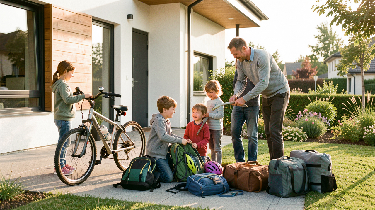 Une femme, un homme et leurs trois enfants préparent un départ avec des vélos, des casques et des bagages devant une maison moderne.