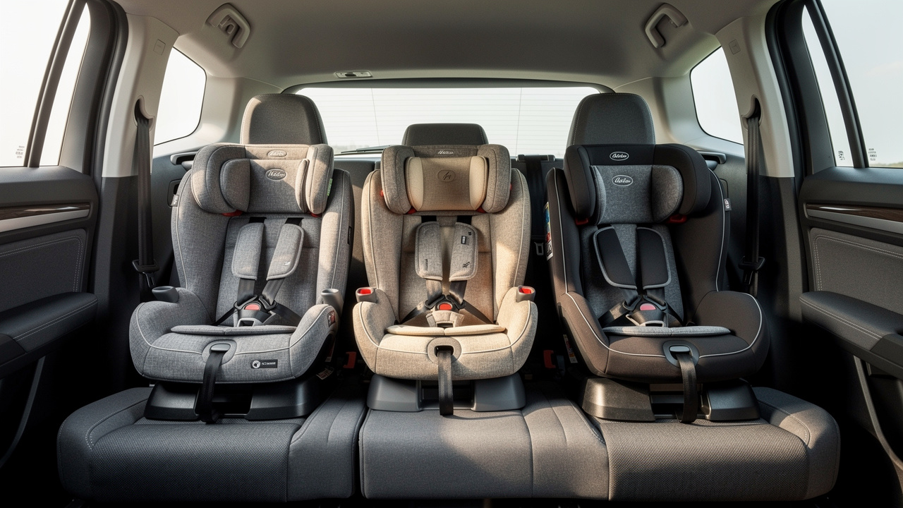 Vue intérieure réaliste d’une voiture familiale d’occasion avec trois sièges enfants alignés sur la banquette arrière et un vaste coffre visible.