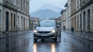 Une voiture circule prudemment sous une pluie fine dans une rue urbaine mouillée de Clermont-Ferrand.