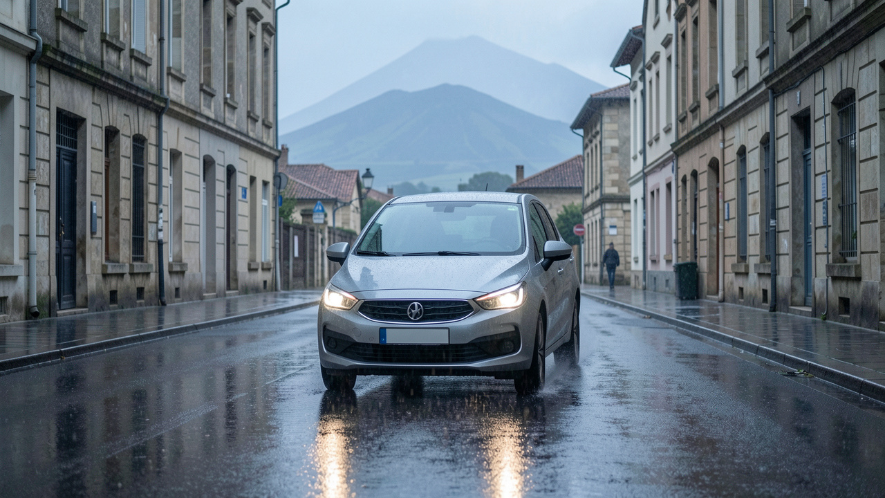 Une voiture circule prudemment sous une pluie fine dans une rue urbaine mouillée de Clermont-Ferrand.