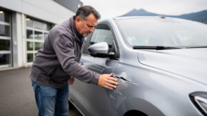 Un homme examine attentivement une rayure sur le côté d’une voiture argentée devant un atelier de carrosserie à Clermont-Ferrand, éclairé par une lumière naturelle douce.