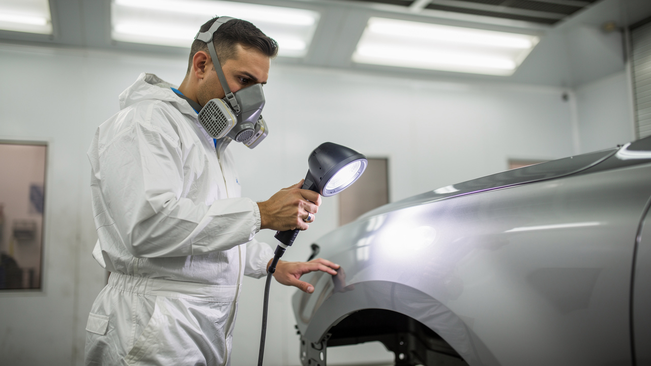 Un carrossier en tenue de protection contrôle la teinte métallique d’une aile automobile avec une lampe d’inspection dans une cabine de peinture propre et technique.