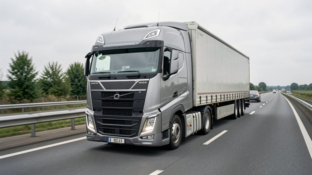 Tracteur routier moderne avec semi-remorque circulant sur une autoroute française, photographié en vue trois quarts avant sous une lumière naturelle réaliste.