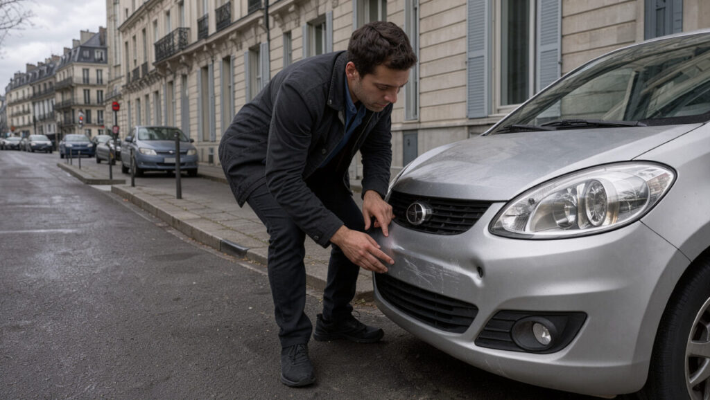 Un automobiliste examine attentivement une petite bosse sur le pare-chocs avant de sa voiture après un léger accrochage dans une rue urbaine de Clermont-Ferrand.