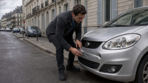 Un automobiliste examine attentivement une petite bosse sur le pare-chocs avant de sa voiture après un léger accrochage dans une rue urbaine de Clermont-Ferrand.