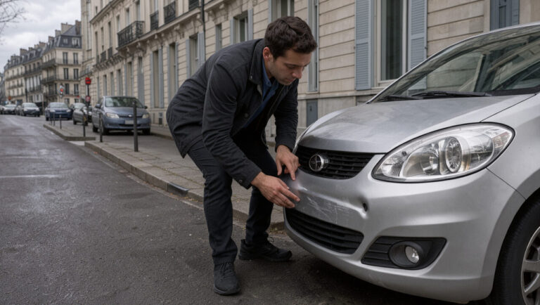 Un automobiliste examine attentivement une petite bosse sur le pare-chocs avant de sa voiture après un léger accrochage dans une rue urbaine de Clermont-Ferrand.