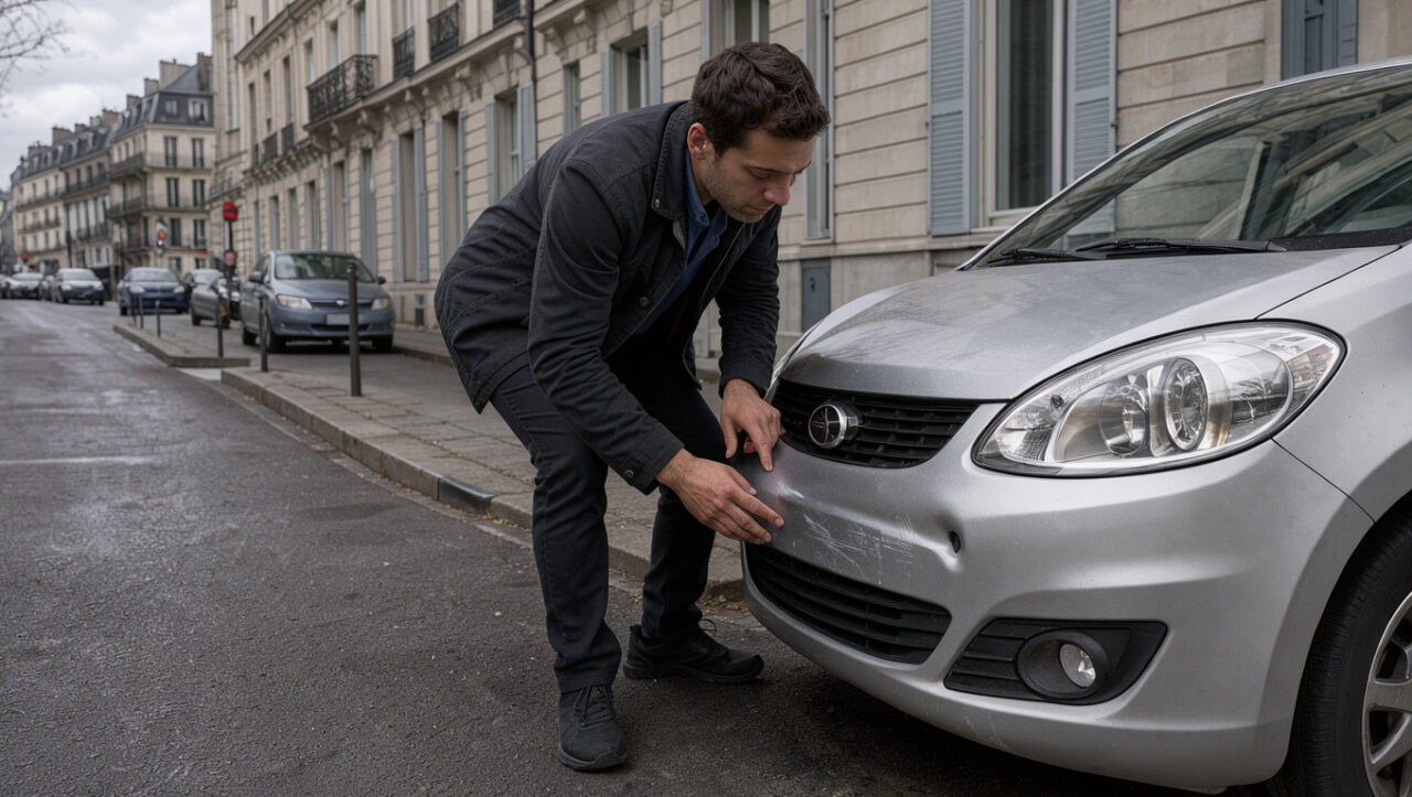 Un automobiliste examine attentivement une petite bosse sur le pare-chocs avant de sa voiture après un léger accrochage dans une rue urbaine de Clermont-Ferrand.