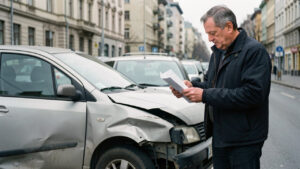 Un automobiliste tient un constat amiable vierge devant une voiture endommagée dans une rue de ville.