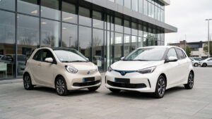 Deux voitures électriques compactes aux styles distincts, européenne et chinoise, garées côte à côte devant une concession moderne.