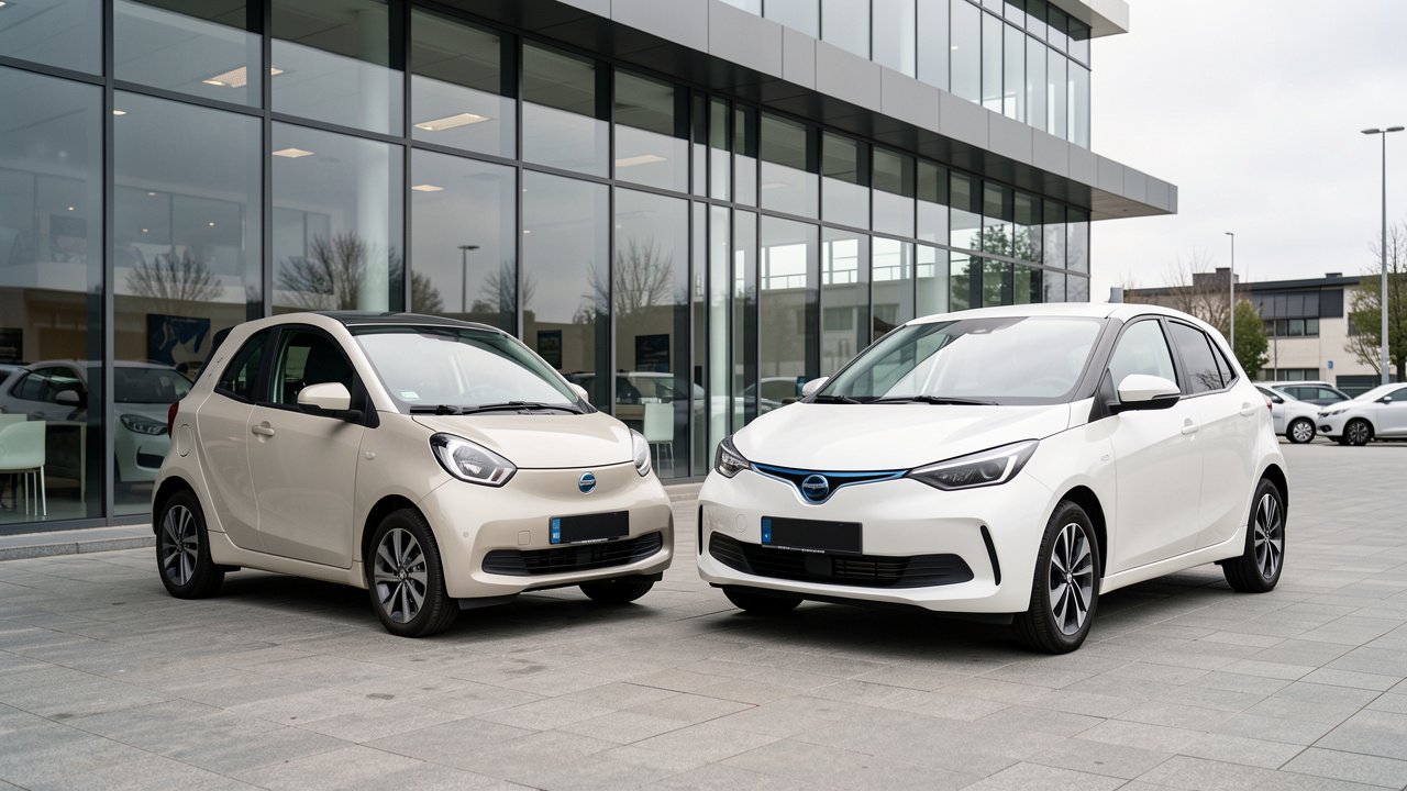 Deux voitures électriques compactes aux styles distincts, européenne et chinoise, garées côte à côte devant une concession moderne.