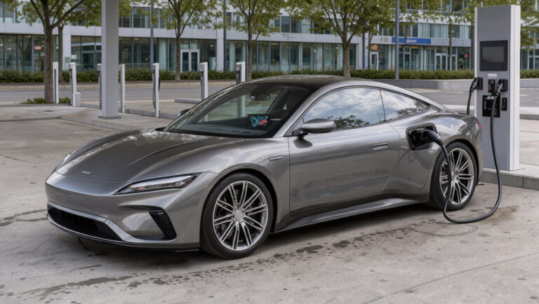 Voiture électrique sportive moderne branchée à une borne de recharge rapide dans une station-service européenne.